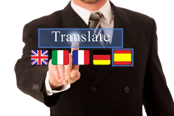 Happy Young Businessman Suit Tie Presing Translate Button — Stock Photo, Image