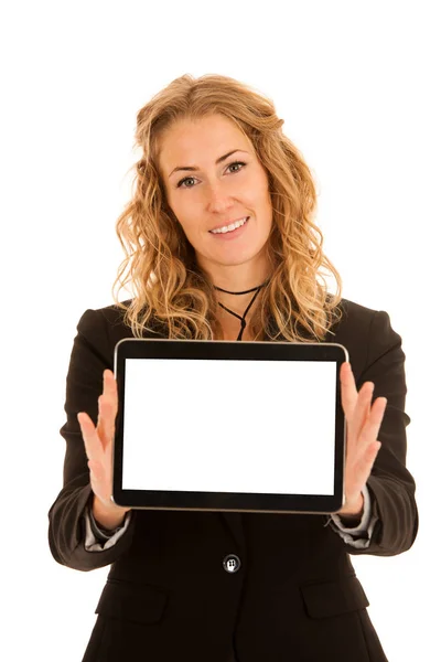 Business woman showing tablet with blank display for text or com — Stock Photo, Image