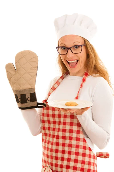 Mujer Chef Sirviendo Una Galleta —  Fotos de Stock