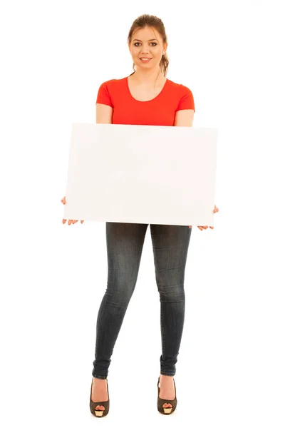 Young woman holding white board isolated over white background — Stock Photo, Image