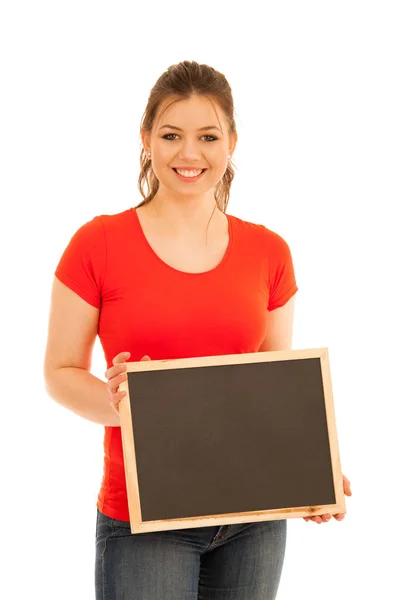 Beautiful young woman holding blank blackboard isolated over whi — Stock Photo, Image