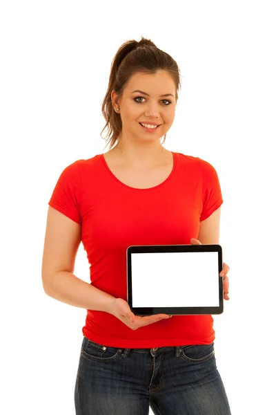 Woman holding a tablet isolated over white — Stock Photo, Image