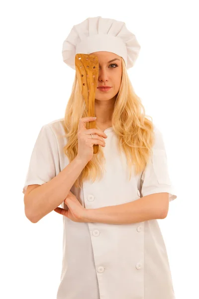 Young beautiful blonde chef woman standing isolated over white b — Stock Photo, Image