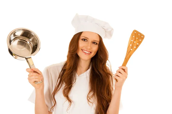 Bonito chef jovem feliz cozinha isolado sobre branco — Fotografia de Stock