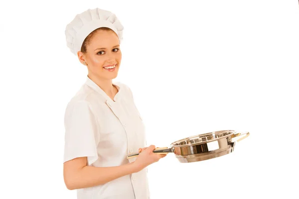 Bonito chef jovem feliz cozinha isolado sobre branco — Fotografia de Stock