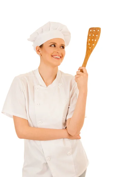 Bonito chef jovem feliz cozinha isolado sobre branco — Fotografia de Stock