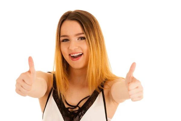 Bonito jovem mulher mostrando polegar até isolado sobre branco fundo — Fotografia de Stock