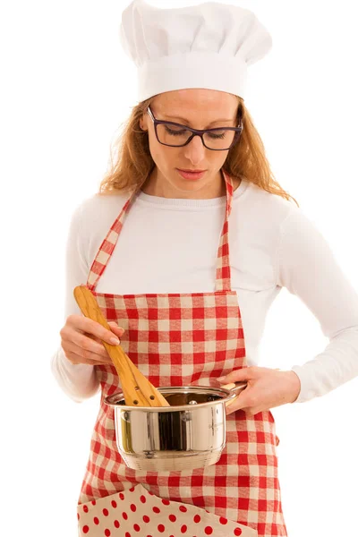Beautifulyoung chef-kok koken studio geïsoleerd over witte CHTERGRO — Stockfoto
