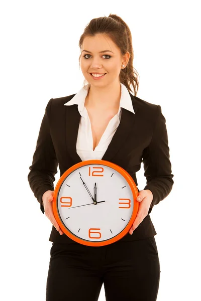 作为时间管理的辛博尔手持时钟的可爱女人 — 图库照片