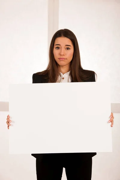 Beautiful Young Woman Holding Blank Blackboard Isolated White Background — Stock Photo, Image