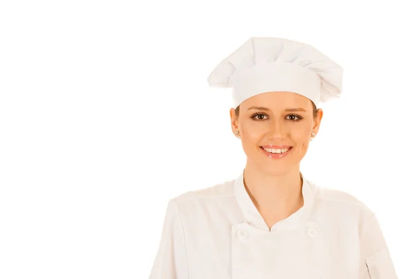 Belle jeune chef femme en uniforme isolé sur fond blanc — Photo