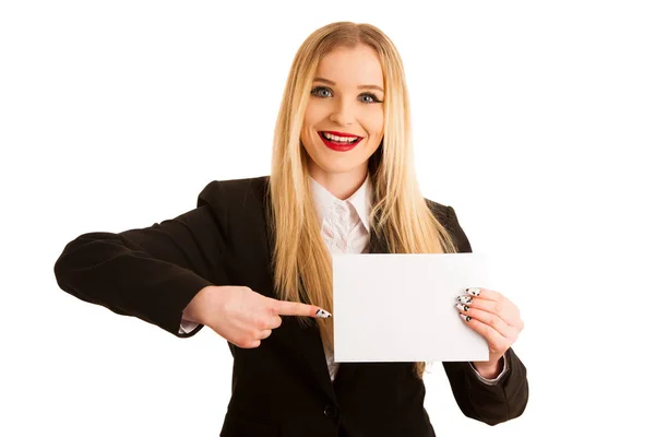 Schattige Jonge Zakelijke Vrouw Golds Blanco Papier Met Plaats Voor — Stockfoto