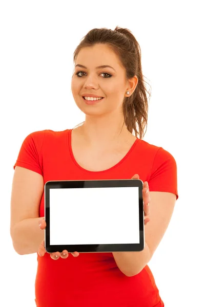 Woman Holding Tablet Isolated White — Stock Photo, Image