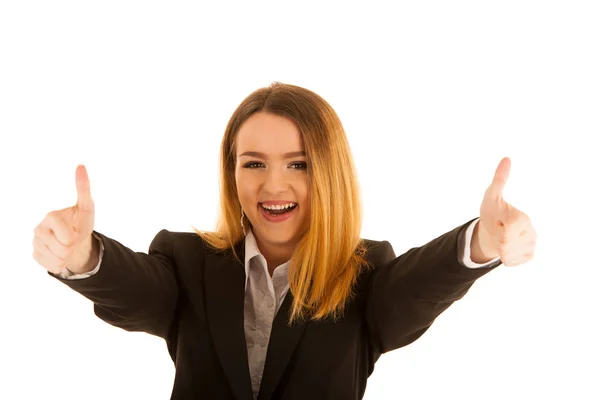 Leuke jonge vrouw opdagen duim geïsoleerd op witte achtergrond — Stockfoto