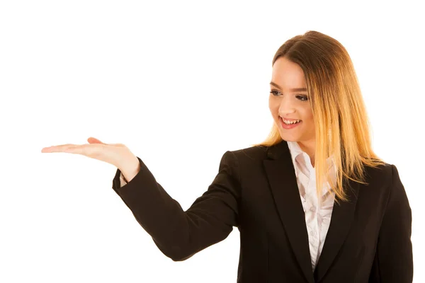 Business woman holds hand over copy space for marketing a produc — Stock Photo, Image