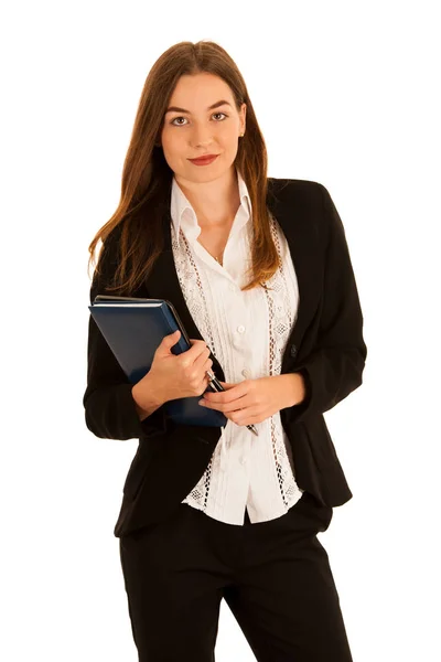 Ελκυστική επιχειρηματική πρακτική όμορφη γυναίκα με το σημειωματάριο και το φάκελο iso — Φωτογραφία Αρχείου