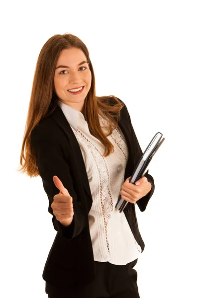 Atractiva hermosa mujer busienss con cuaderno y carpeta iso — Foto de Stock