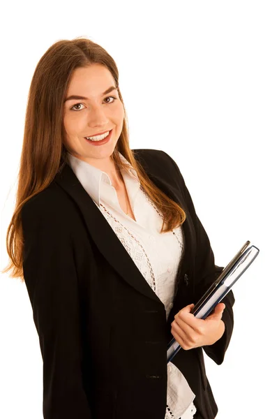 Atractiva hermosa mujer busienss con cuaderno y carpeta iso — Foto de Stock