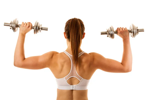 Active young sporty hispanic woman workout with dumbbells isolat — Stock Photo, Image