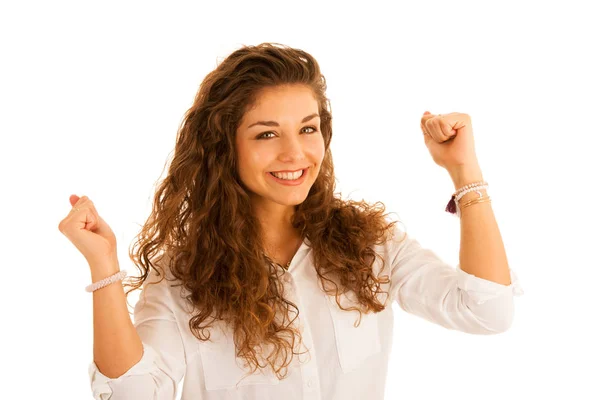 Atraente jovem mulher de negócios em branco camisa gesto sucesso w — Fotografia de Stock