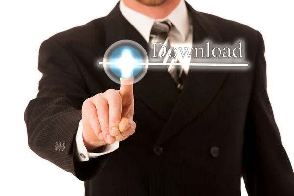 Businessman in suit pressing download virtual button — Stock Photo, Image