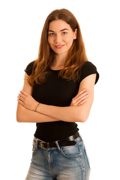 Attraktive junge Frau in Jeans und schwarzem T-Shirt — Stockfoto