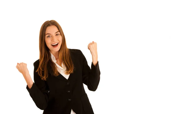 Привлекательная молодая деловая женщина жест успеха изолированы над WH — стоковое фото