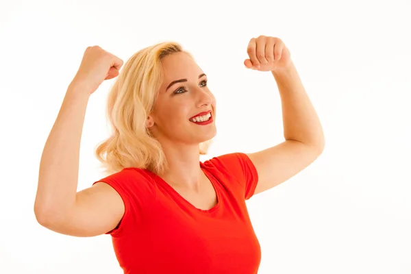 Attrctive young blonde woman gesture success with arms up isolat — Stock Photo, Image