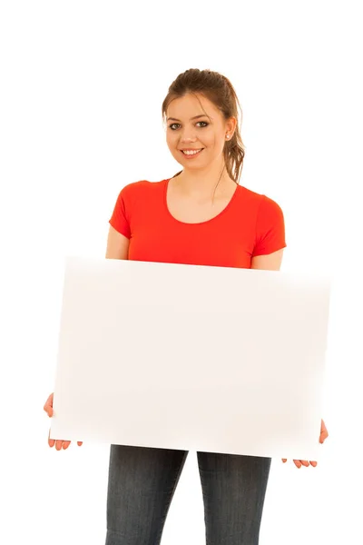 Jovem mulher segurando placa branca isolado sobre fundo branco — Fotografia de Stock