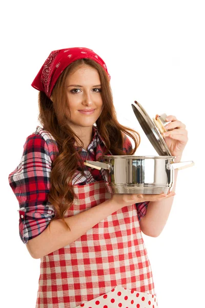Jonge vrouw koken geïsoleerd die een pot — Stockfoto