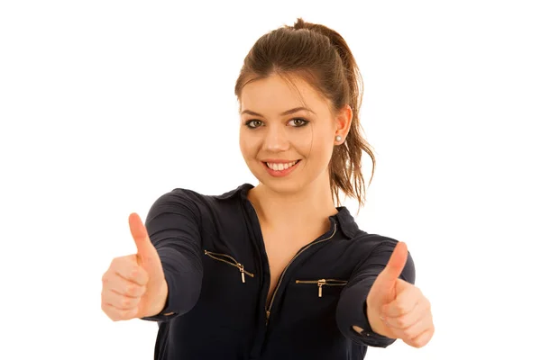 Beautiful young woman showing thumb up as a gesture for success — Stock Photo, Image