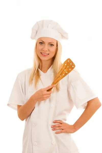 Hermosa mujer rubia chef aislado sobre fondo blanco — Foto de Stock