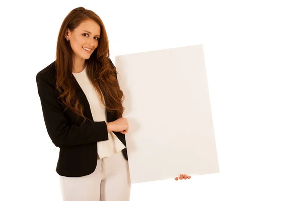 Attractive business woman holding white banner with copy spave f — Stock Photo, Image