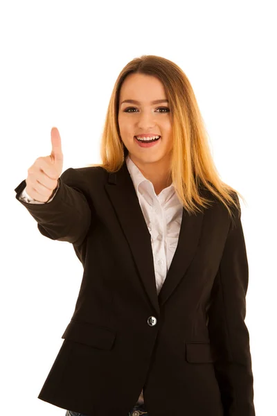 Linda mujer joven mostrando pulgar hacia arriba aislado sobre fondo blanco — Foto de Stock