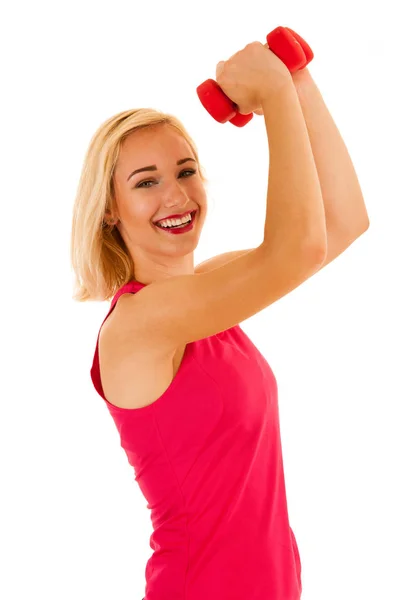 Mujer deportiva activa funciona con mancuernas aisladas sobre blanco —  Fotos de Stock