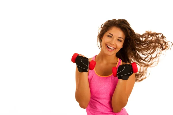Aktivní mladé fit žena cvičení s dubbells izolované na bílém — Stock fotografie
