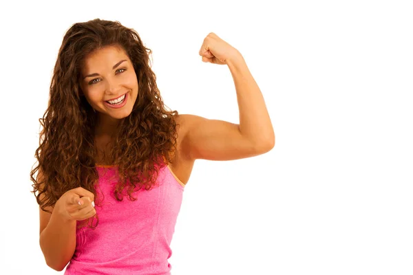 Active young sporty fit woman gesture power with her arms up iso — Stock Photo, Image