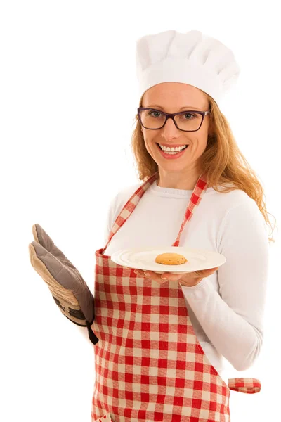 Vrouw chef-kok serveert een cookie — Stockfoto