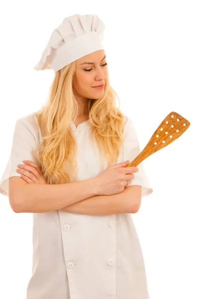 Jonge mooie blonde chef-kok vrouw stond geïsoleerd over witte b — Stockfoto