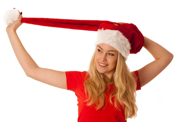 Niedliche blonde Frau mit Weihnachtsmütze siolated über weißem Hintergrund — Stockfoto