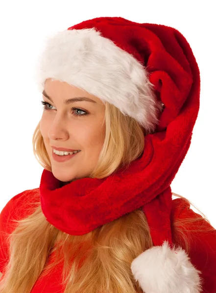 Aranyos szőke nő santa kalap siolated felső fehér háttér — Stock Fotó