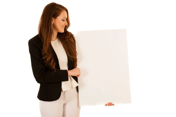 Attractive business woman holding white banner with copy spave f — Stock Photo, Image