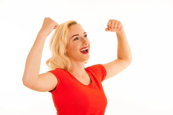 Attraente giovane donna bionda gesto di successo con le braccia alzate isolat — Foto Stock