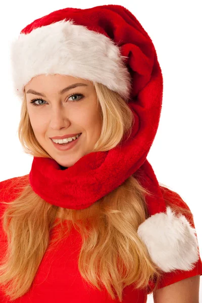 Roztomilá blondýnka s santa hat siolated nad bílým pozadím — Stock fotografie