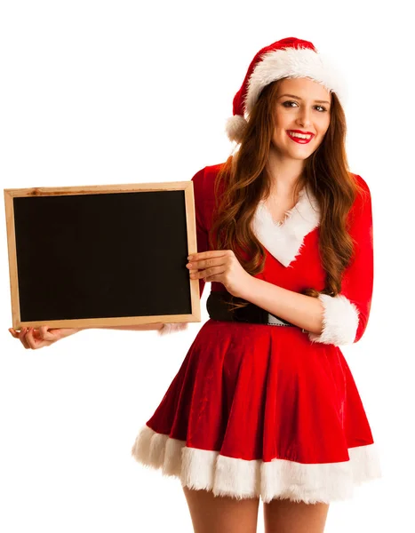 Linda chica morena en vestido de Santa Claus con regalos para Navidad — Foto de Stock