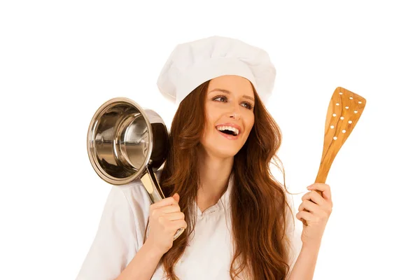 Красиві Щасливі молоді кухарі ізольовані над білим — стокове фото