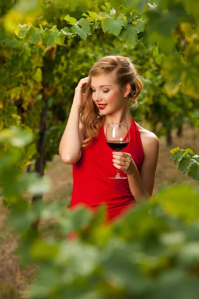 Attractive stylish woman drinking glass of red wine in vineyard — Stock Photo, Image