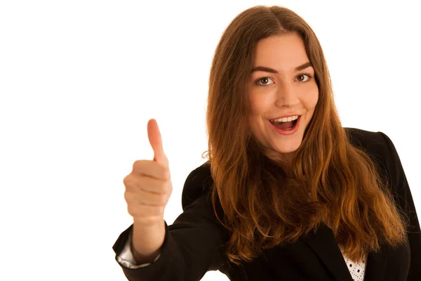 Atraktivní obchodní žena ukazuje palcem jako gesto pro úspěšný — Stock fotografie