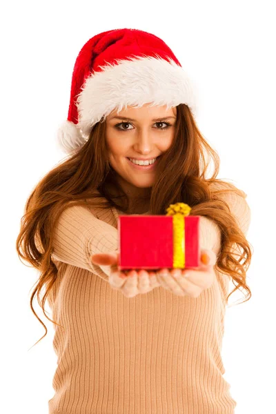 Brunete roztomilý dívka v šatech santa claus s dárky na Vánoce — Stock fotografie