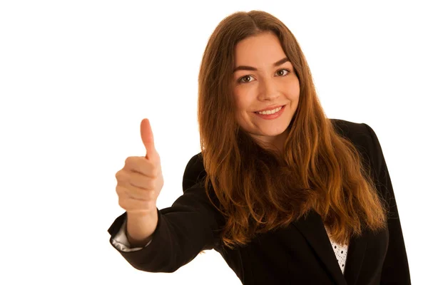 Привлекательная деловая женщина показывает большой палец вверх в качестве жеста для сосания — стоковое фото
